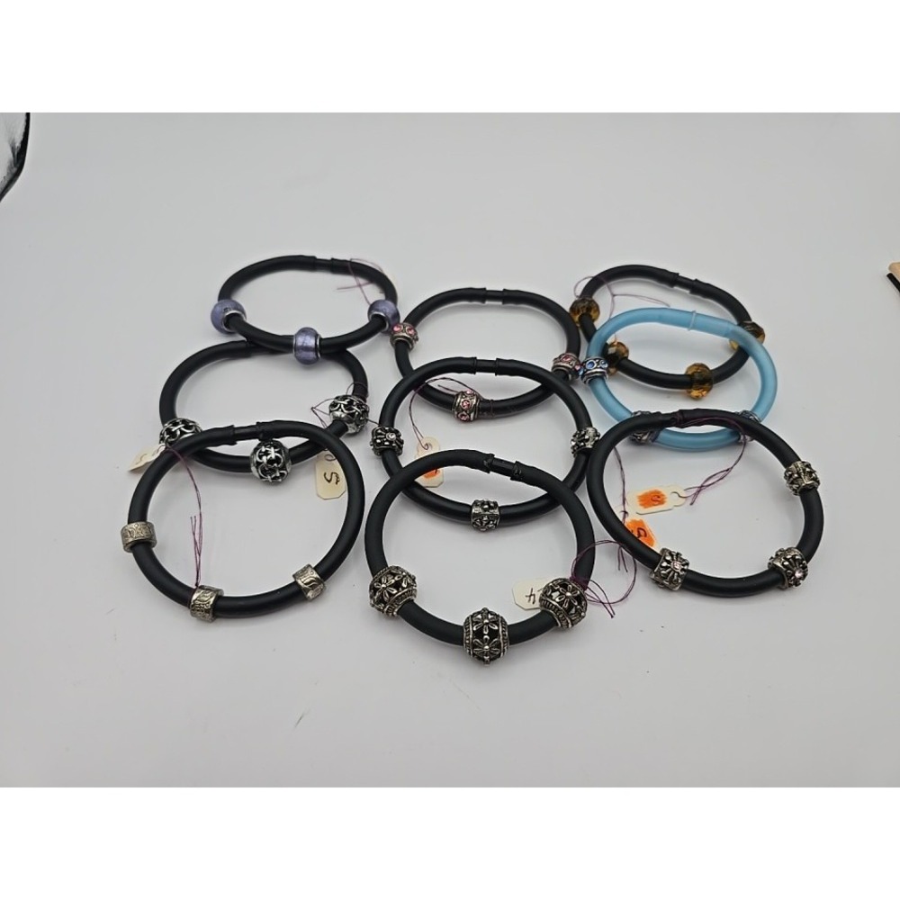 Lot Of 9 Rubber Tube Black Bead Bracelets Handmade Small